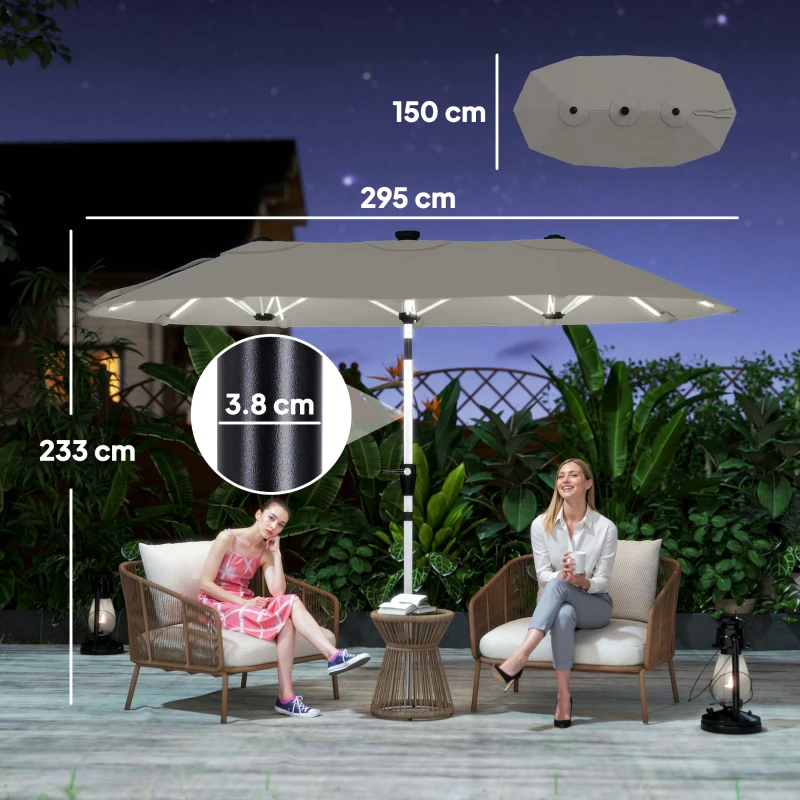 Outsunny 3 m Double-Sided Garden Parasol with LED Solar Lights, Outdoor Extra Large Sun Umbrella with Crank Handle, Grey