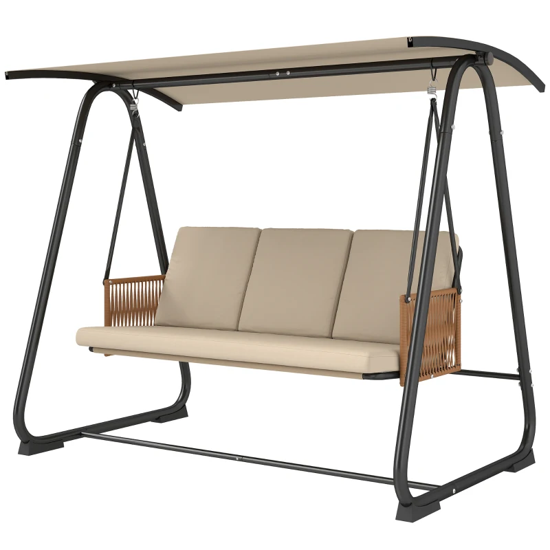 Outsunny 3 Seater Swing Chair with Adjustable Canopy, 360 kg Garden Swing Seat Outdoor Hammock Bench with Cushions, Sand Brown