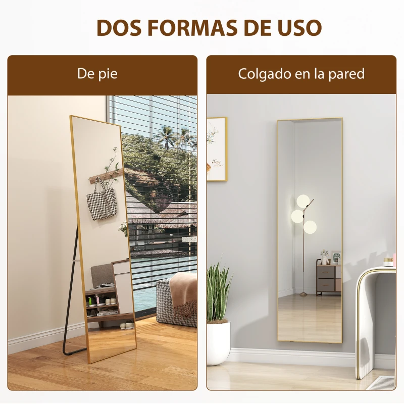 HOMCOM Espejo de Pie Cuerpo Entero de Aleación de Aluminio Espejo de Pared con 2 Formas de Uso Rectangular 50x161,5x2 cm Dorado