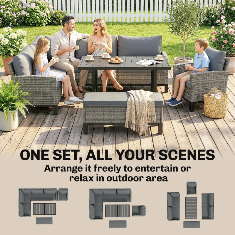 Outsunny 9 Seater Rattan Garden Furniture Corner Sofa Set, Outdoor Dining Set with Faux Wood Table, Ottoman, Cushions, Dark Grey