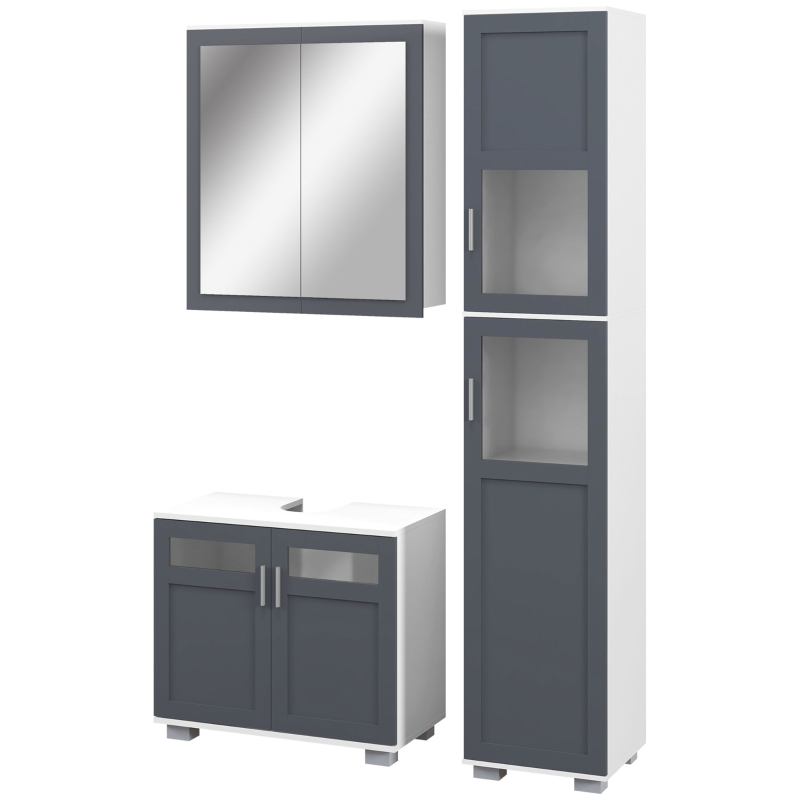 Kleankin Conjunto de Coluna de Casa de Banho Armário com Espelho e Móvel para Lavatório com Portas de Vidro Branco e Cinza
