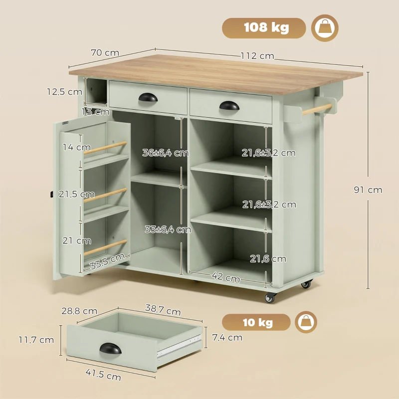 HOMCOM Isla de Cocina con Ruedas Tapa Abatible Especiero Toallero Armario 2 Cajones 117,5x70x91 cm Verde Claro
