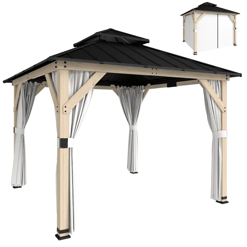 Outsunny 3 x 3 m Outdoor Hardtop Gazebo Canopy with 2-Tier Steel Roof, Wood Garden Gazebo with Curtains, Light Grey
