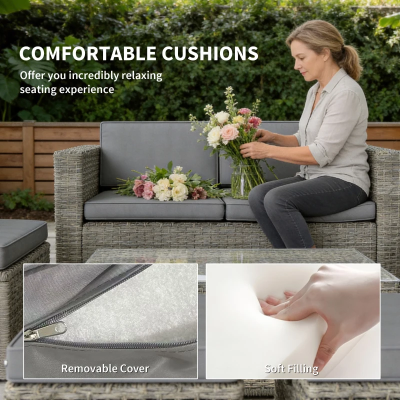 Outsunny 6 Piece Rattan Garden Furniture Set, Nesting Patio Conversation Set with Loveseat, Chairs, Table, Footstools, Dark Grey