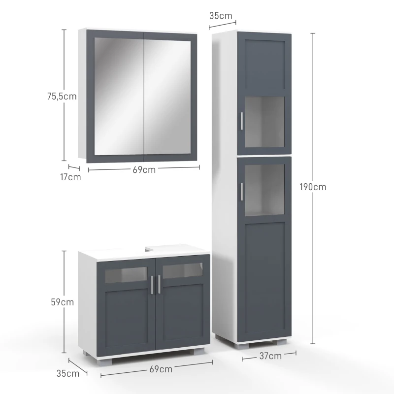Kleankin Conjunto de Coluna de Casa de Banho Armário com Espelho e Móvel para Lavatório com Portas de Vidro Branco e Cinza