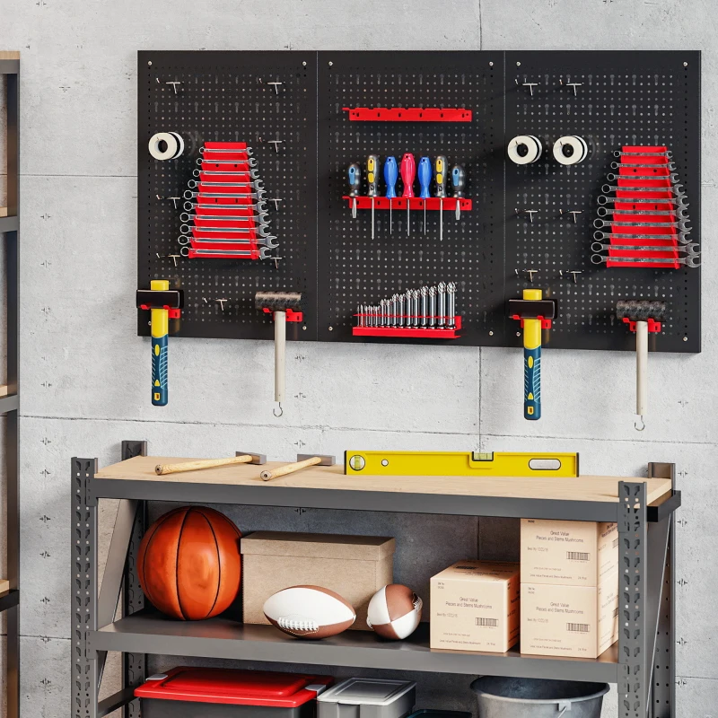 HOMCOM panneau perforé mural 600 x 400 mm, organiseur garage en acier avec 3 panneaux perforés, noir et rouge