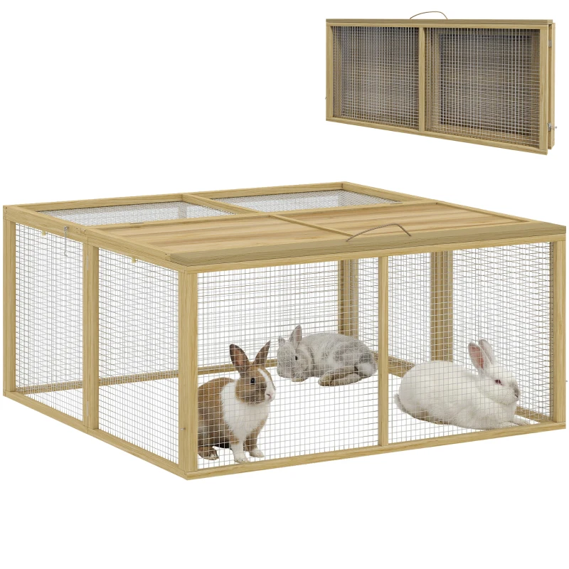 PawHut Wooden Folding Rabbit Hutch, for 2-3 Rabbits - Natural Wood