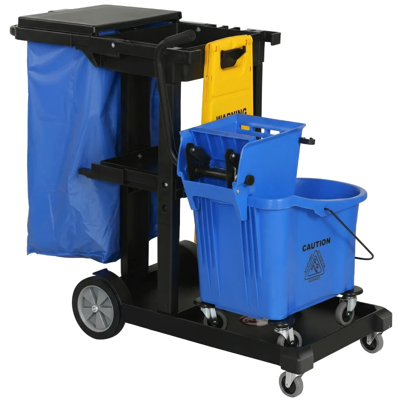 HOMCOM Carro de limpieza rodante, carro con 3 estantes, bolsa de basura de 70 litros, cubo escurridor para mopa, azul