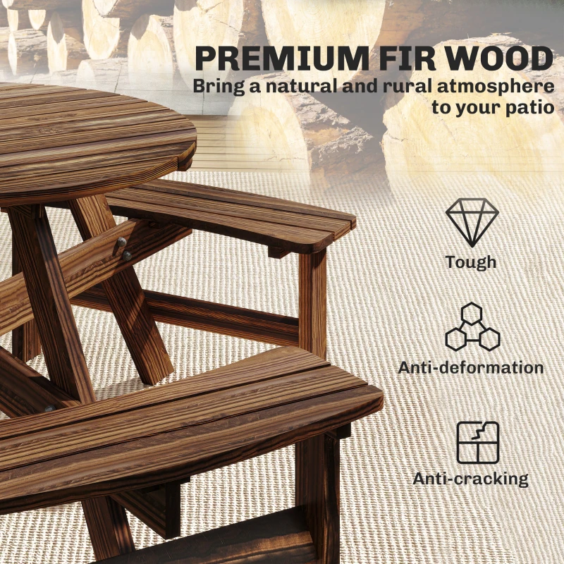 Outsunny Wooden Garden Dining Set, 6 Seater Round Dining Picnic Table with Matching Bench, Garden Furniture Set with Parasol Hole for Outdoor Patio Party and Family Gatherings, Carbonized