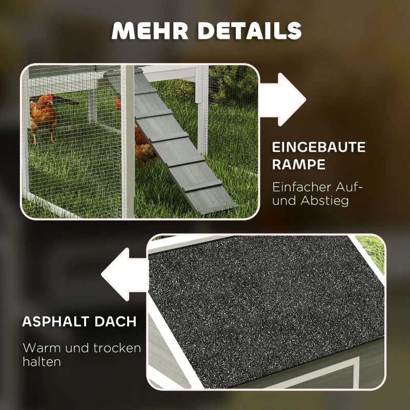 PawHut Hühnerstall aus Holz mit Auslauf Nistkasten Asphaltdach herausziehbar Tablett für 4-6 Hühner 347x160x150 cm Dunkelgrau