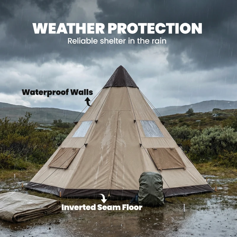 Outsunny 6 Men Tipi Tent with Carry Bag - Khaki