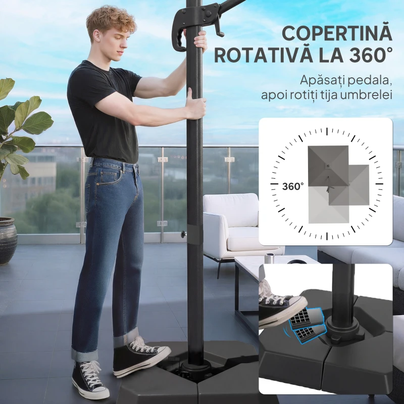 Outsunny Umbreluț de Grădină Suspendat cu Manivelă 3x3m, Inclinabil, cu Greutăți Umplibile, Rotativ 360°, Umbreluț Exterior Pătrat, din Aluminiu, pentru Terasă, Piscină, UV30+, Gri Închis