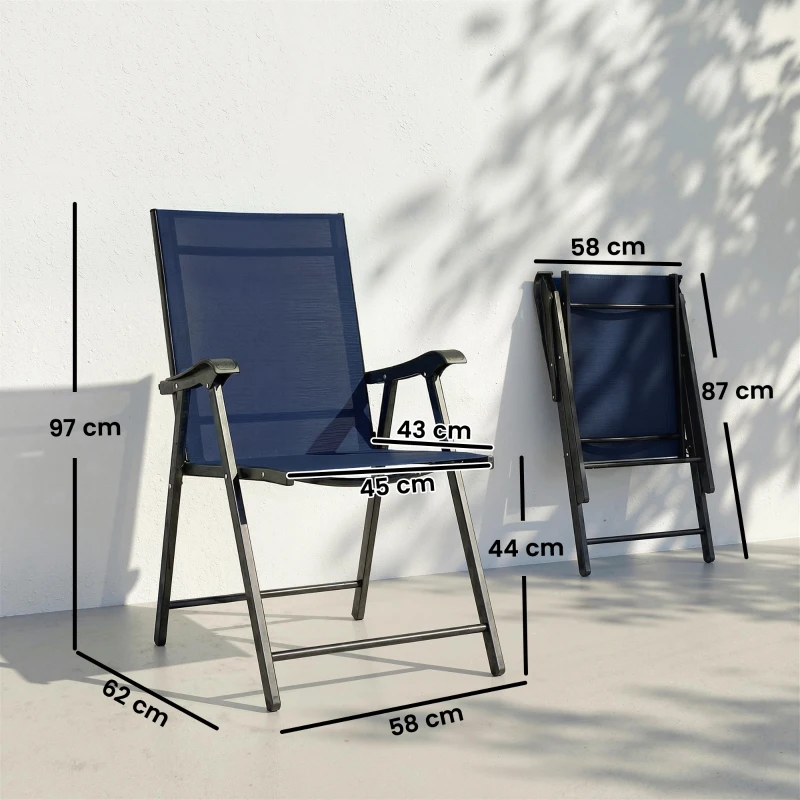 Outsunny Folding Garden Chairs Set of 4, Foldable Garden Dining Chairs with High Back, Armrests, Texteline Seat, Navy Blue