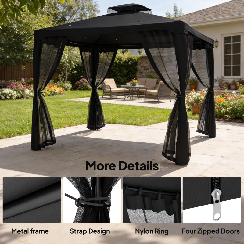Outsunny 3 x 3 m Metal Gazebo, Garden Pavillion, Double Roof Outdoor Canopy Shelter with Mesh Sidewalls, Black