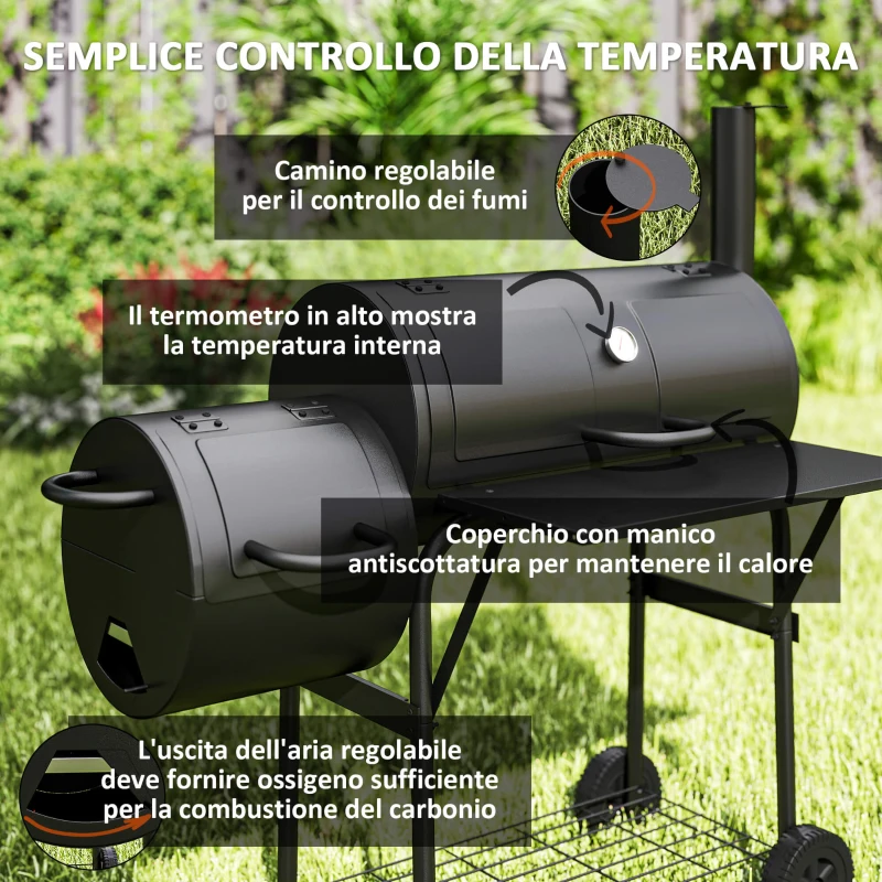 Outsunny Barbecue a carbone in acciaio BBQ Smoker con coperchio Termometro Ruote Alimentazione aria Vaschetta per carbone