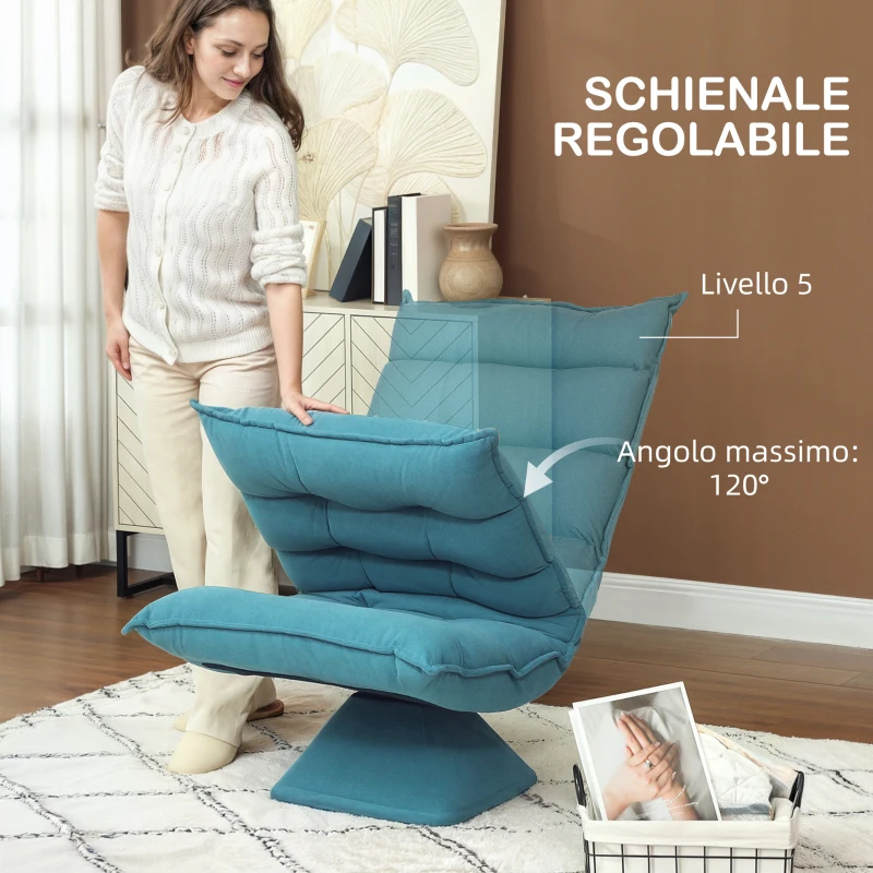 HOMCOM Poltrona Relax Girevole Effetto Velluto e Acciaio con Schienale Regolabile in 5 Posizioni, 62x70x95 cm, Blu