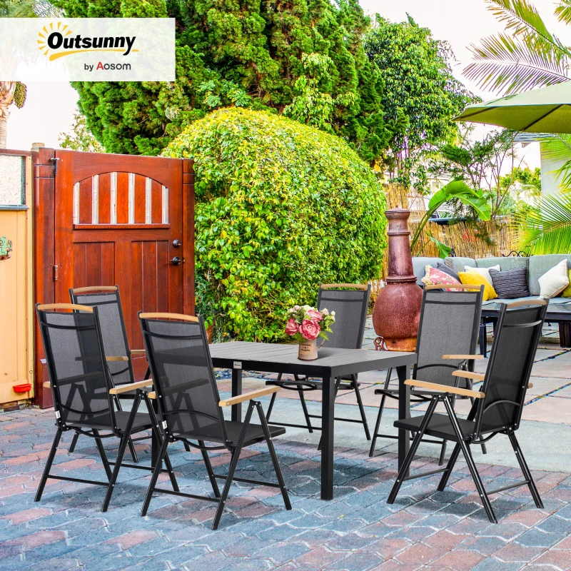 Outsunny Folding Dining Table Set for 6 People 1 Table+6 Chairs Patio Furniture Set Dining Set Aluminum Mesh Black