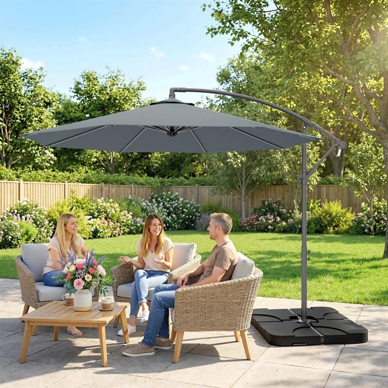 Outsunny 3m Overhanging Parasol, with Base, Weights and Cover - Dark Grey