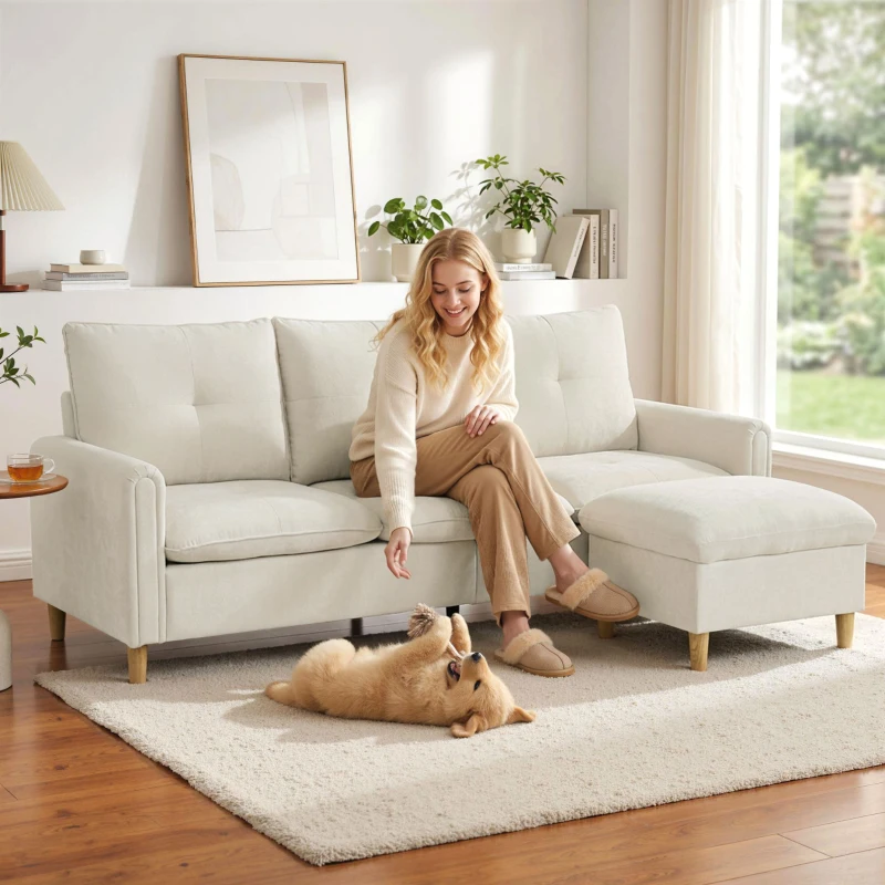 HOMCOM Canapea 3 locuri cu ottoman de depozitare, colțar modular 210 cm, șezut larg, țesătură cu aspect de in, crem