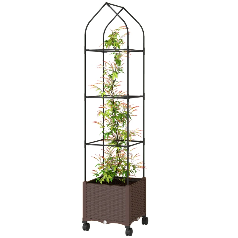 Outsunny Raised Garden Bed with Trellis, Tomato Cage with Lockable Wheels, Self Watering Planter Box with Drainage Holes, Brown