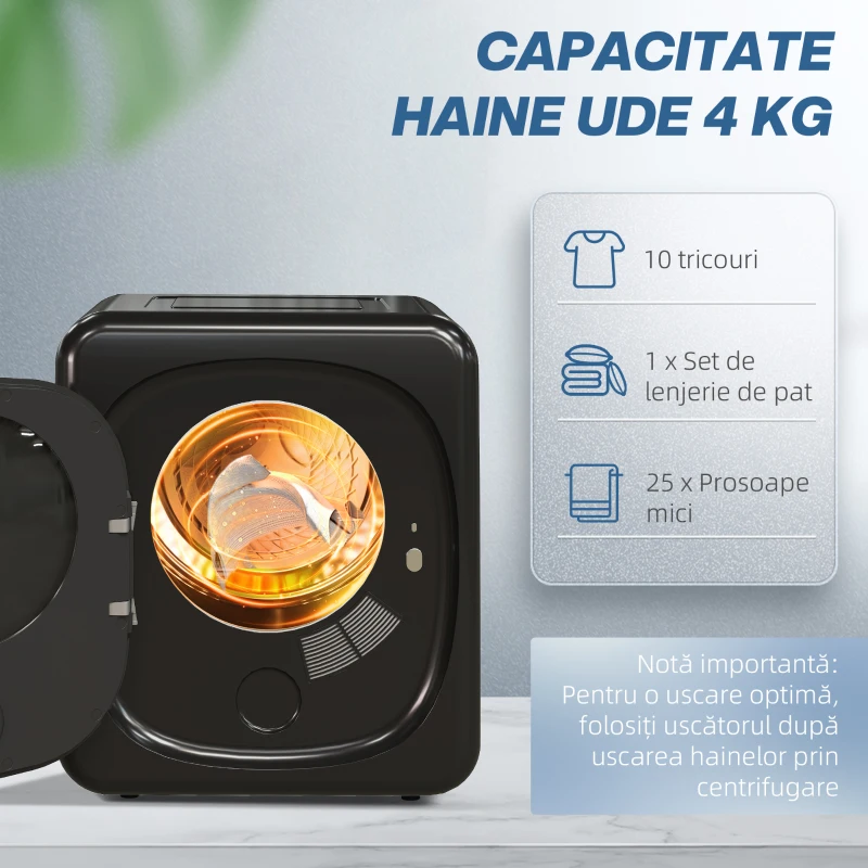 HOMCOM Uscător cu Aer, Capacitate 4kg, Timer și Program Smart, din Oțel Inoxidabil și ABS, 48x40x56 cm, Negru
