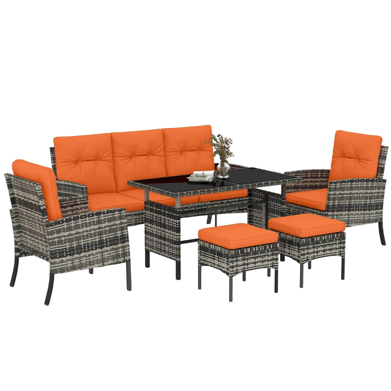 Outsunny 6 Pieces Rattan Garden Furniture Set with Dining Table and Cushions, Orange