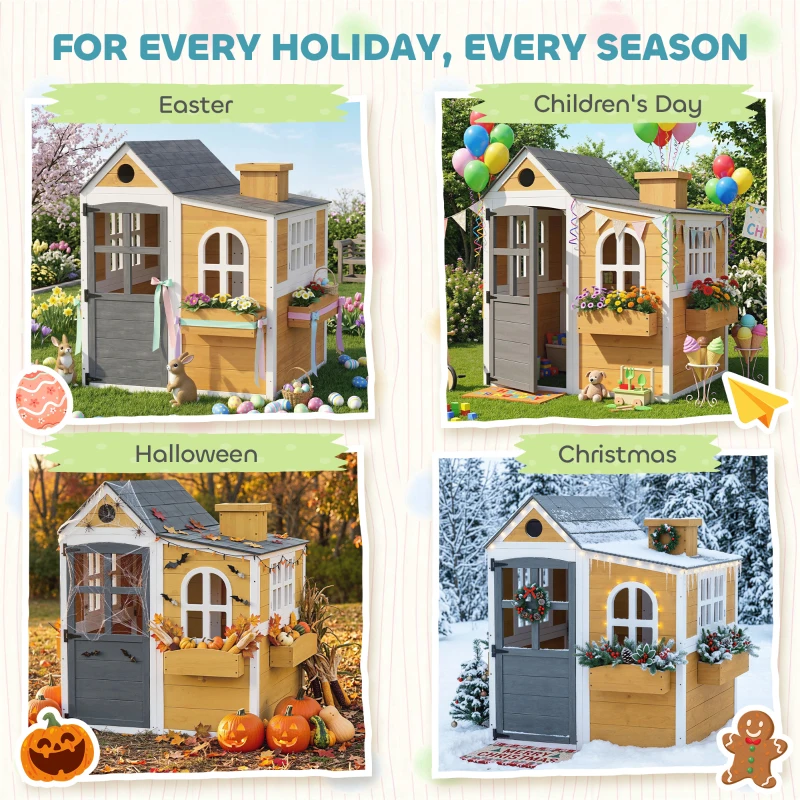 AIYAPLAY Casinha infantil exterior em madeira, casa infantil exterior/interior com porta, janelas, 3 jardineiras, amarelo