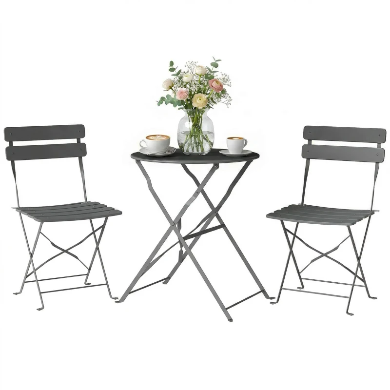 Outsunny Folding Garden Bistro Set, Outdoor Round Bistro Table and Chairs Set 2 with Electrophoresis Metal Frame, Grey