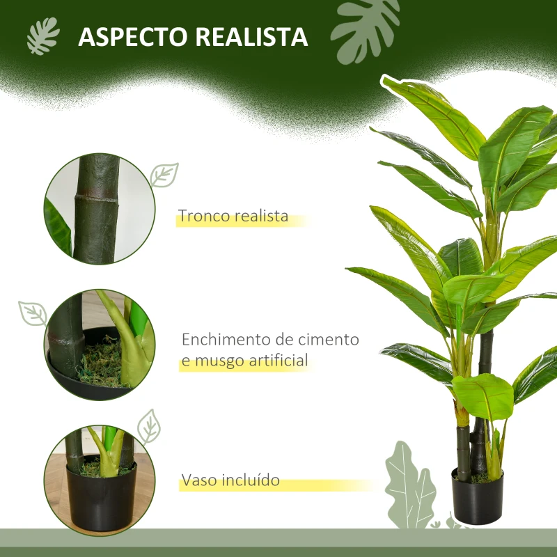 HOMCOM Conjunto de 2 Bananeiras Artificiais 150 cm Plantas Artificiais com Vaso e 18 Folhas Planta Artificial para Decoração Verde