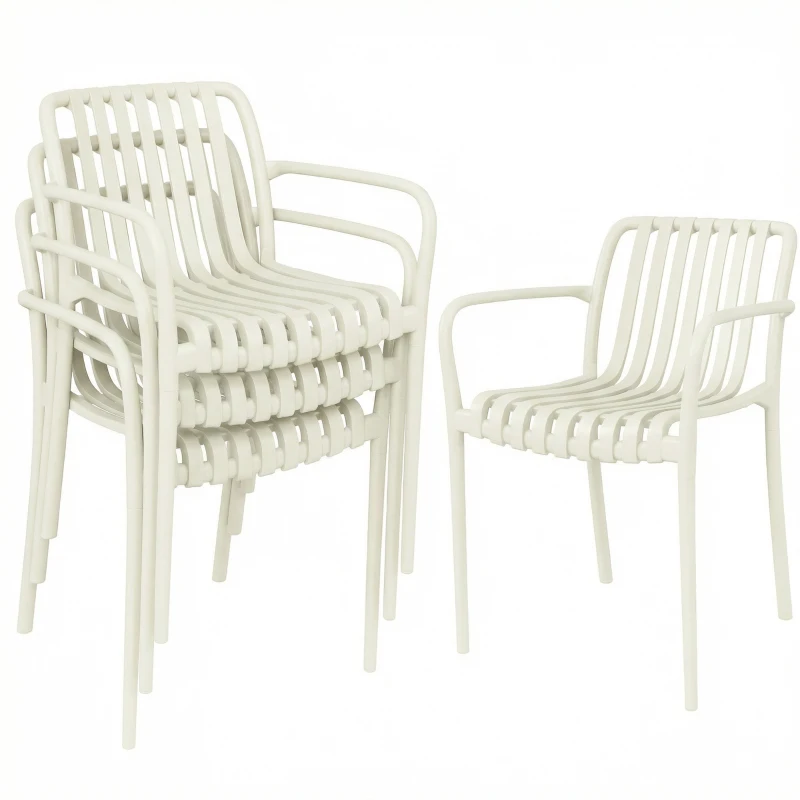 Outsunny Set 4 scaune de grădină stivabile, scaune de terasă cu design în lamele și cotiere, ergonomice, alb crem