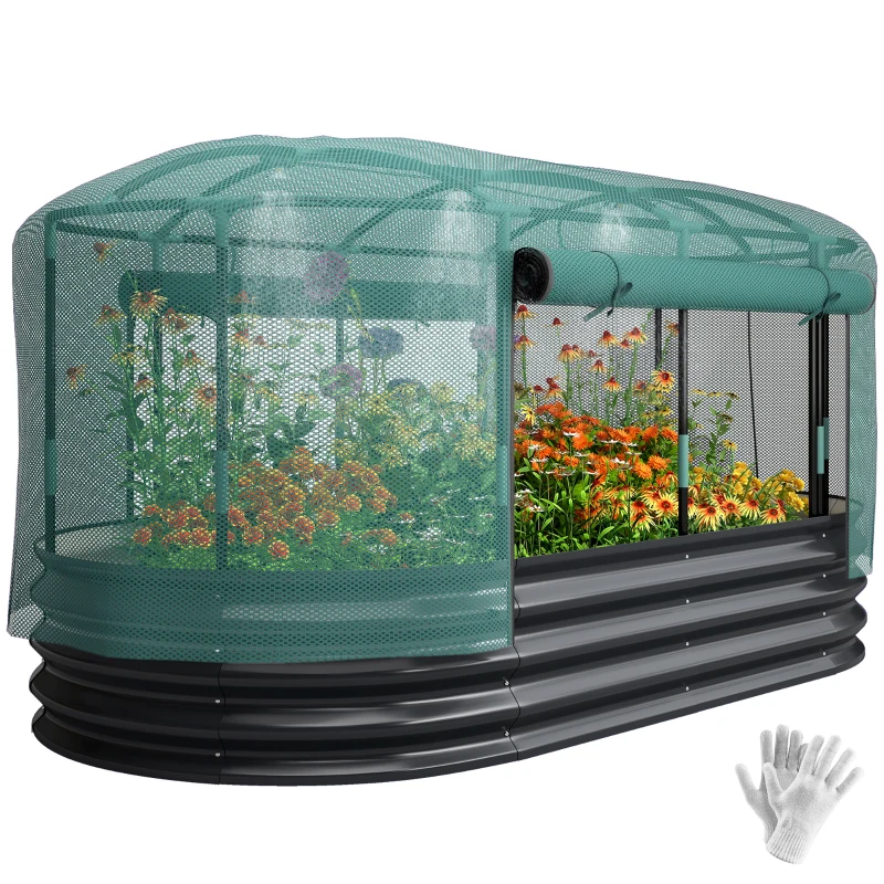 Outsunny Galvanised Raised Garden Bed Kit with Self Watering System and Mesh Cover, Garden Boxes, 6x3Ft, Dark Grey and Green