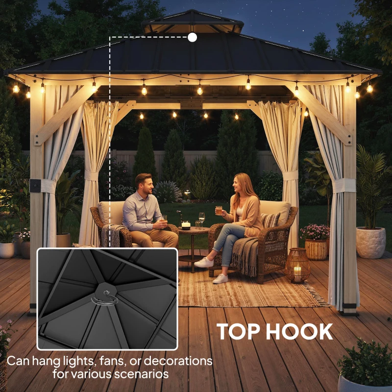Outsunny 3 x 3 m Outdoor Hardtop Gazebo Canopy with 2-Tier Steel Roof, Wood Garden Gazebo with Curtains, Light Grey