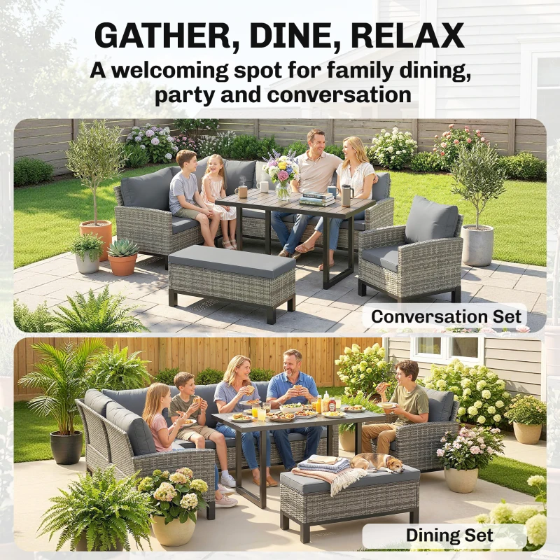 Outsunny 9 Seater Rattan Garden Furniture Corner Sofa Set, Outdoor Dining Set with Faux Wood Table, Ottoman, Cushions, Dark Grey