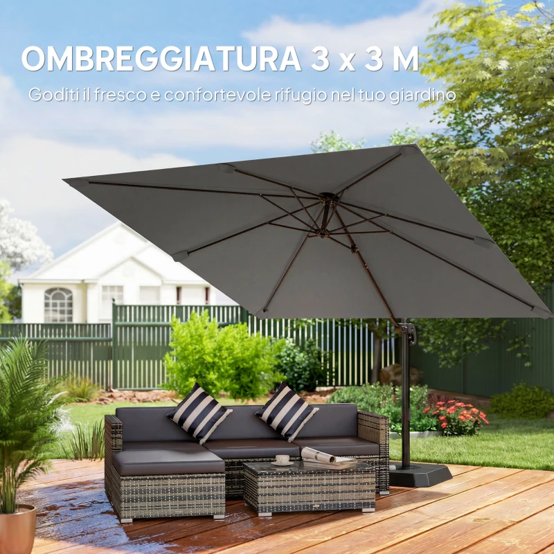 Outsunny Ombrellone Decentrato e Inclinabile 3x3 m con Base a Croce Riempibile e Manovella, in Poliestere Grigio Scuro