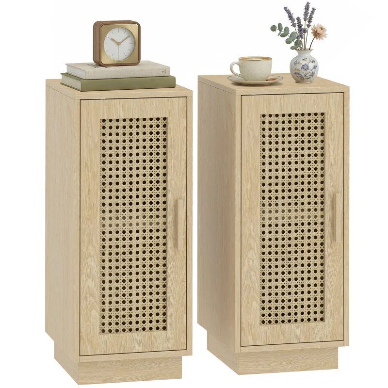 HOMCOM Lot de 2 Tables de Chevet, Étagère Réglable et Porte en Résine Tressée, Style Bohème, 25 x 30 x 60 cm, Bois Naturel