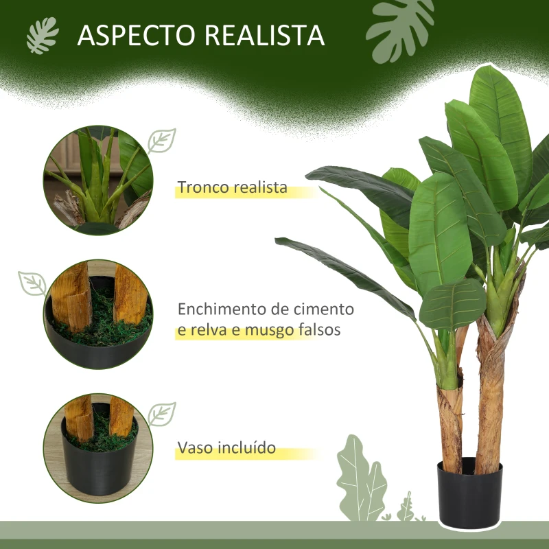 HOMCOM Conjunto de 2 Plantas Artificiais Ø17x120 cm Bananeiras Atificiais com Vaso e 15 Folhas Plantas Artificiais Decorativas Verde