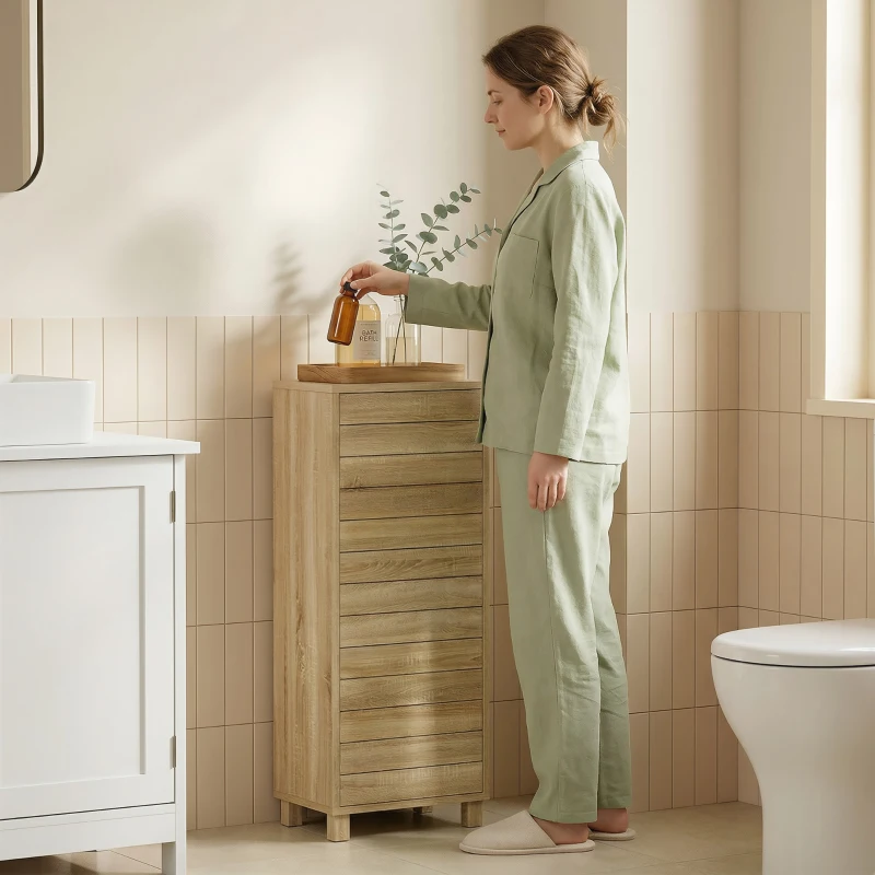 HOMCOM Móvel de Casa de Banho em Madeira com Prateleira Ajustável e Porta de Ripas, Abertura por Pressão, 34 x 23 x 84 cm, Natural