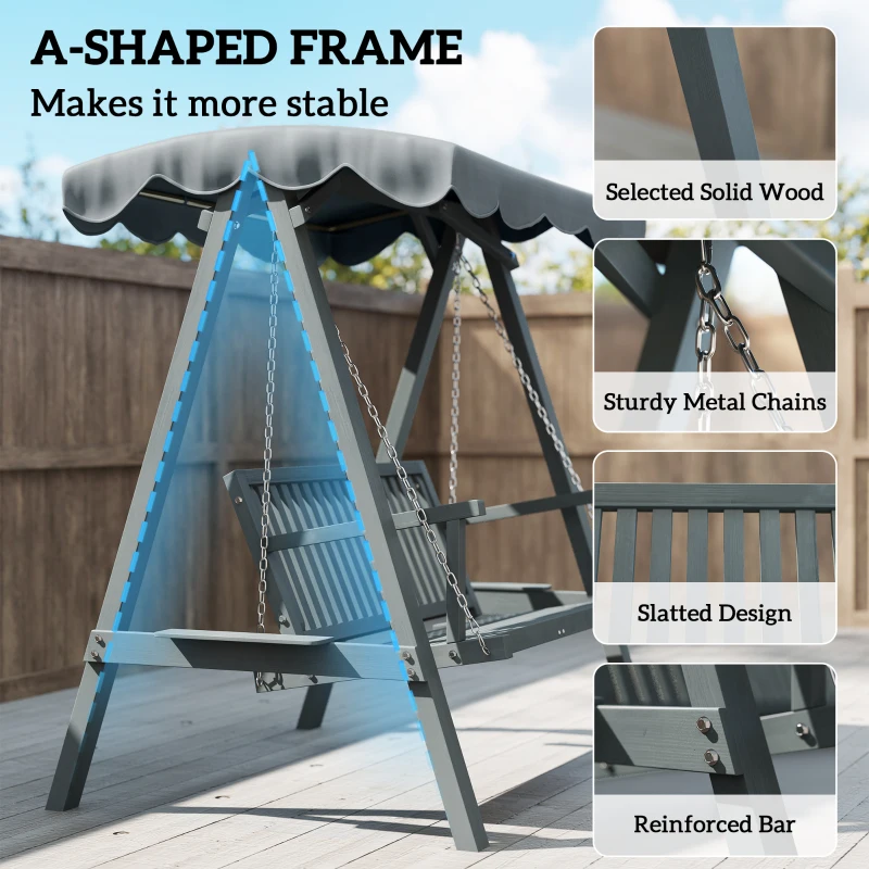 Outsunny 2 Seater Garden Swing Seat with Canopy, Wooden Swing Chair, Outdoor Hammock Bench for Balcony Patio Porch, Grey