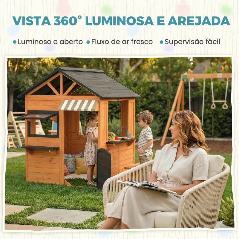 AIYAPLAY Casa Infantil em Madeira Casinha de Brincar com Cozinha de Brinquedo e Banco de Piquenique Casa de Jardim para Crianças de 3-8 Anos Castanho