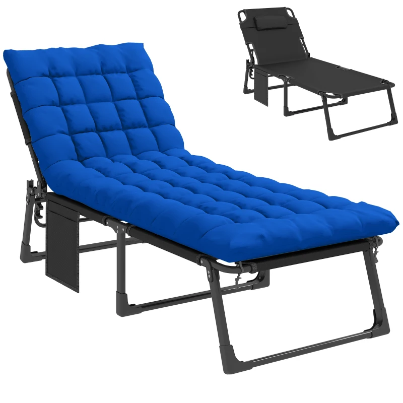 Outsunny Folding Sun Lounger for Garden, 5-Position Oversized Camping Bed Recliner with Cushions, Blue