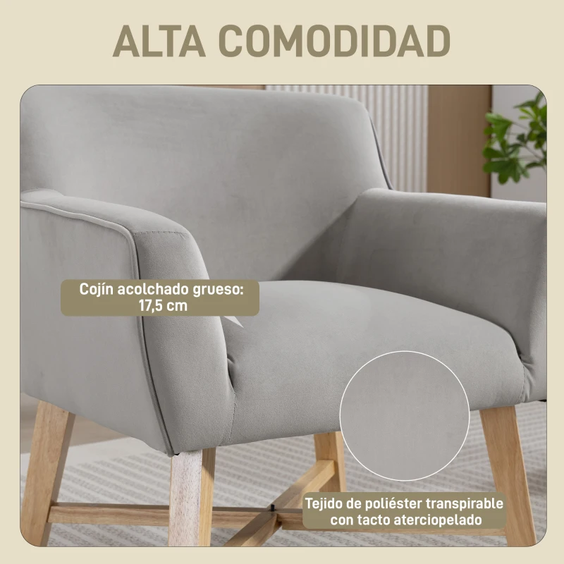 HOMCOM Butaca de Salón Tapizada en Terciopelo con Reposabrazos Acolchados y Patas de Madera Cruzadas 67x65x74 cm Gris Claro
