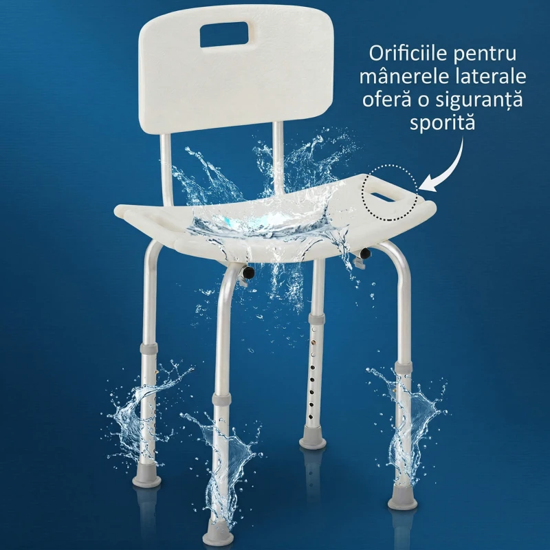 HOMCOM Scaun de Duș Antiderapant cu Spătar și Înălțime Reglabilă pe 8 Poziții, 50,6x43x71-88 cm, Alb