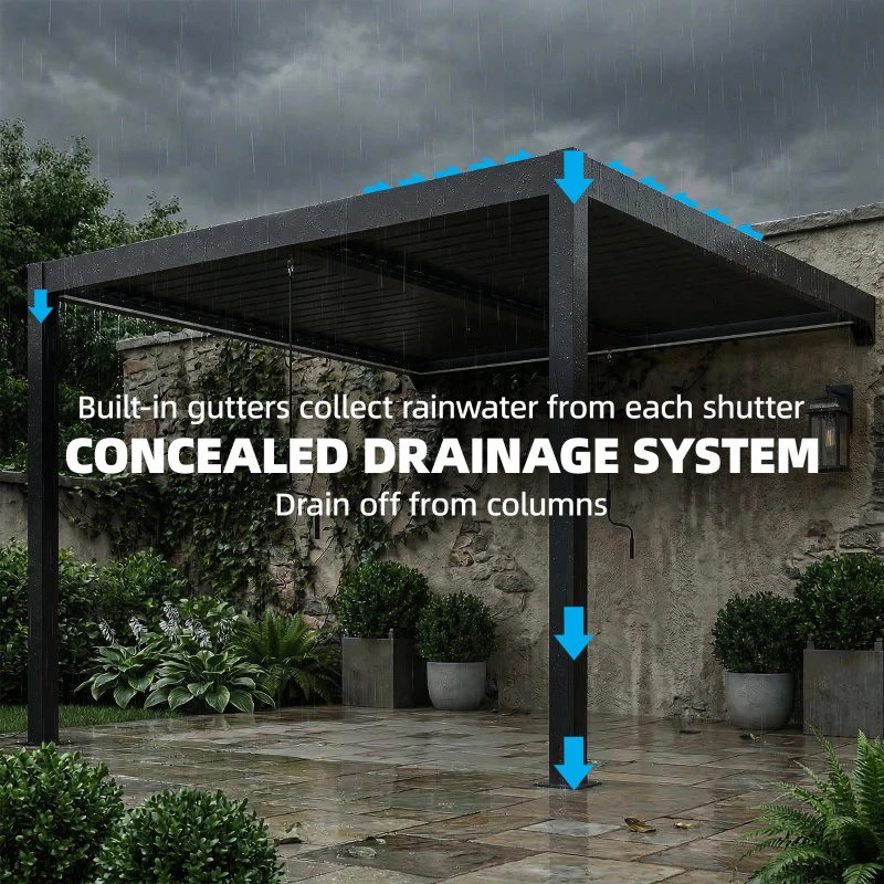 Outsunny 3 x 3 m Louvered Pergola with LED Lights, Metal Louvres, Wall Mounted Aluminium Patio Gazebo Pergola, Dark Grey