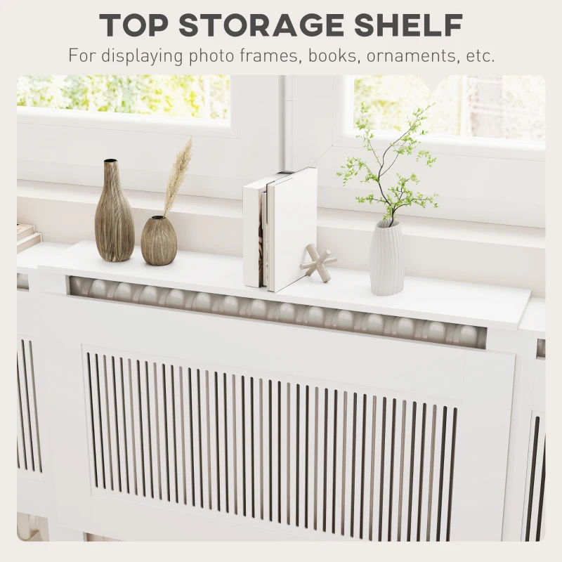 Rozkładana osłona na grzejnik z półką, lamelowa, biała