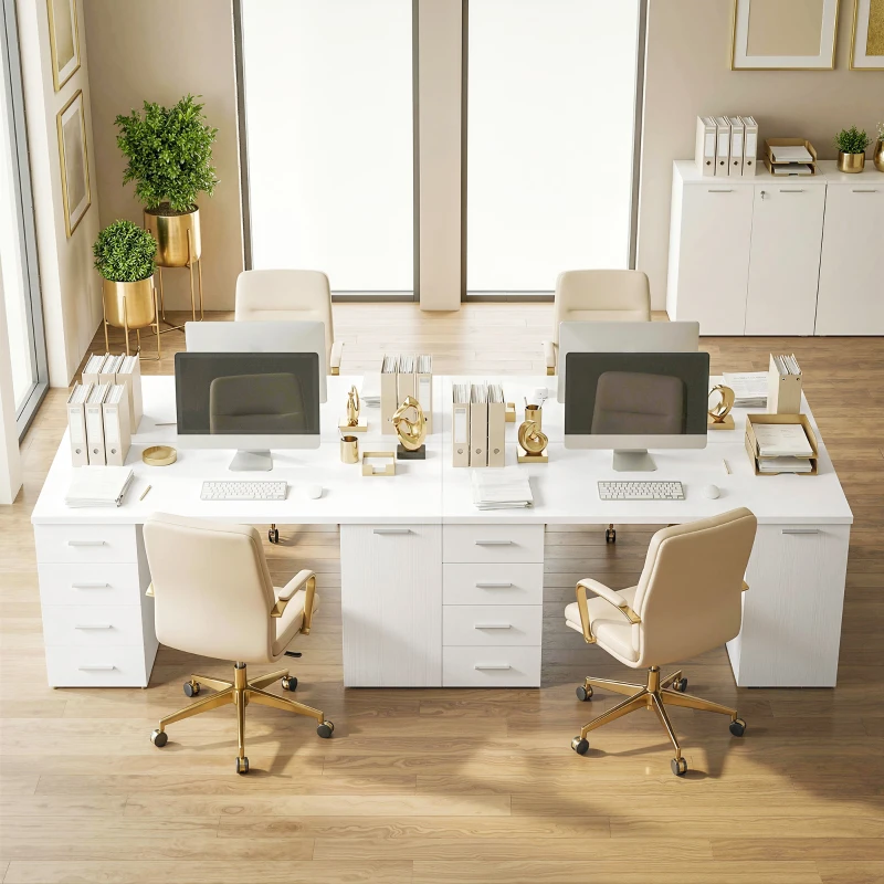 HOMCOM Mesa de Computador com 4 Gavetas e Armário Escrivaninha de 140 cm para Escritório Branco com Efeito Madeira