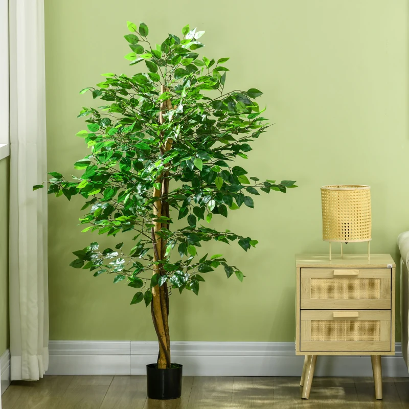 HOMCOM Conjunto de 2 Ficus Artificiais com Troncos Naturais 150 cm Plantas Artificiais com Vaso e 882 Folhas Verde
