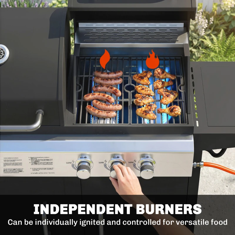 Outsunny 2+1 Burner Hybrid Dual Fuel BBQ Gas Grill, 2-in-1 Propane & Charcoal Barbecue Grill Smoker Combo with Wheels, Black