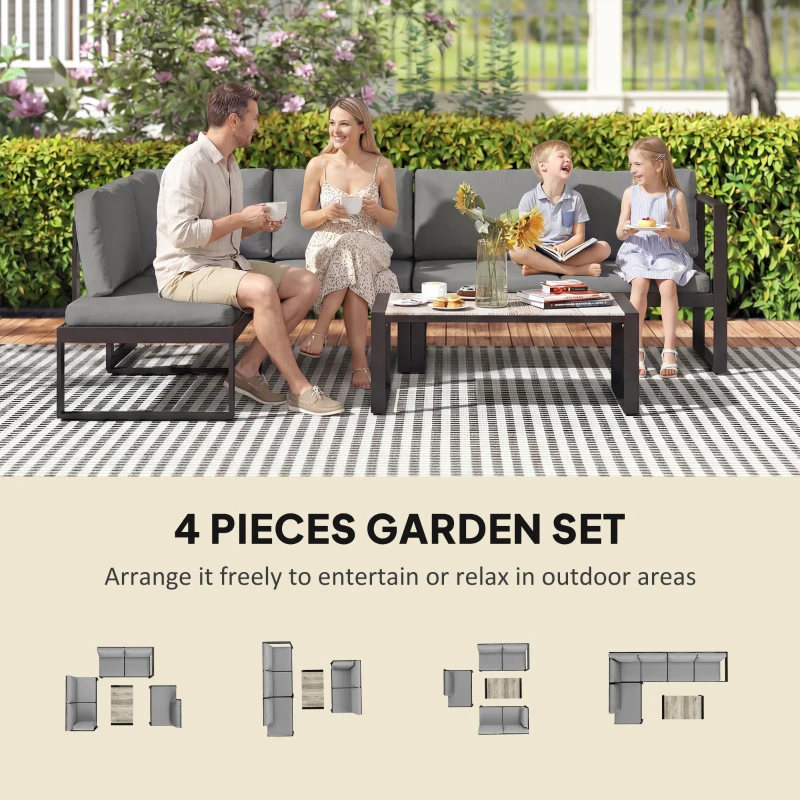 Outsunny 4 Piece Garden Furniture Set, Garden Sofa Set with 2 Loveseats, Armless Chair, Coffee Table for Balcony, Dark Grey
