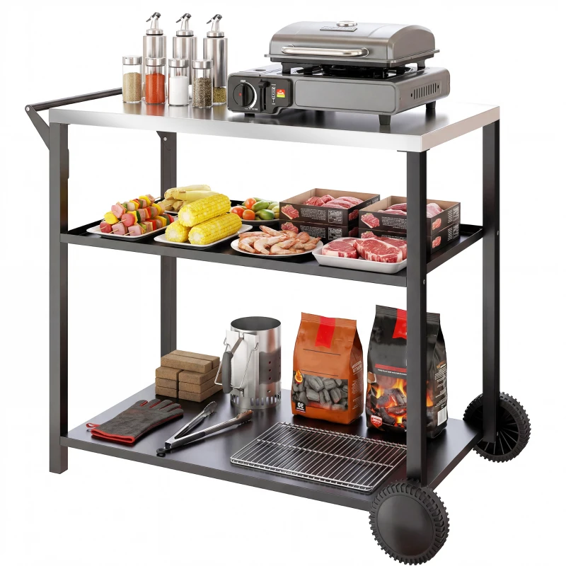 Outsunny Outdoor Grill Cart with Stainless Steel Tabletop for Kitchen Prep, Two-Tier Pizza Oven Stand on Wheels, Black