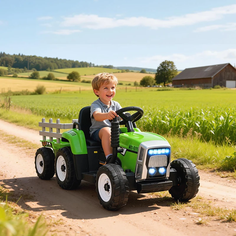 HOMCOM Ride On Tractor, Battery Powered Electric Car, with Detachable Trailer, Remote Control, Music - Green